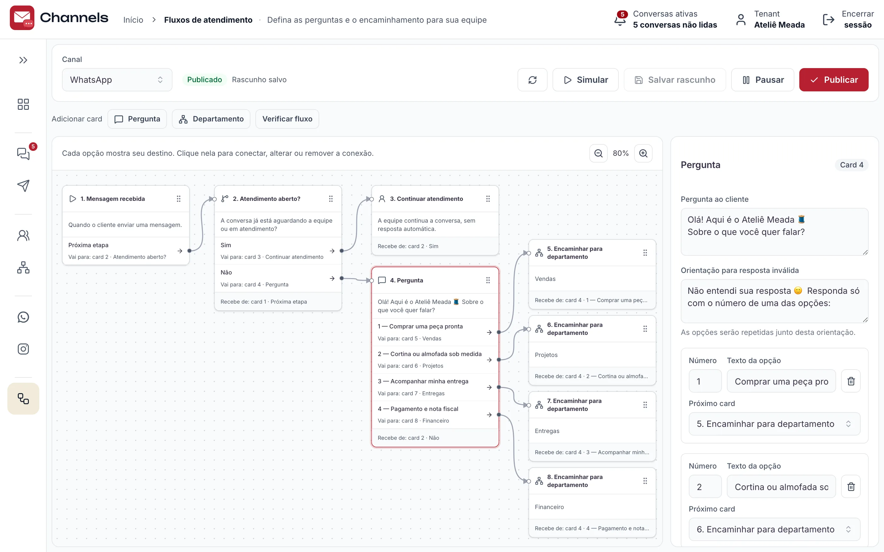 Editor de fluxo do Channels com a mensagem de boas-vindas do Ateliê Meada, a pergunta sobre o assunto e as opções ligadas aos departamentos Vendas, Projetos, Entregas e Financeiro.