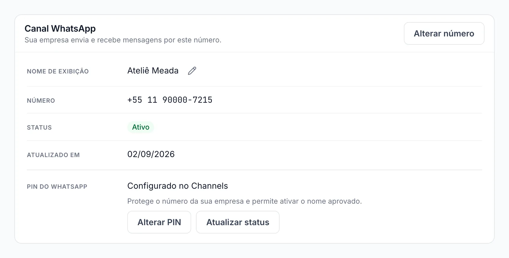 Tela do canal WhatsApp do Ateliê Meada: nome de exibição, número conectado, status ativo e o PIN configurado pelo Channels.