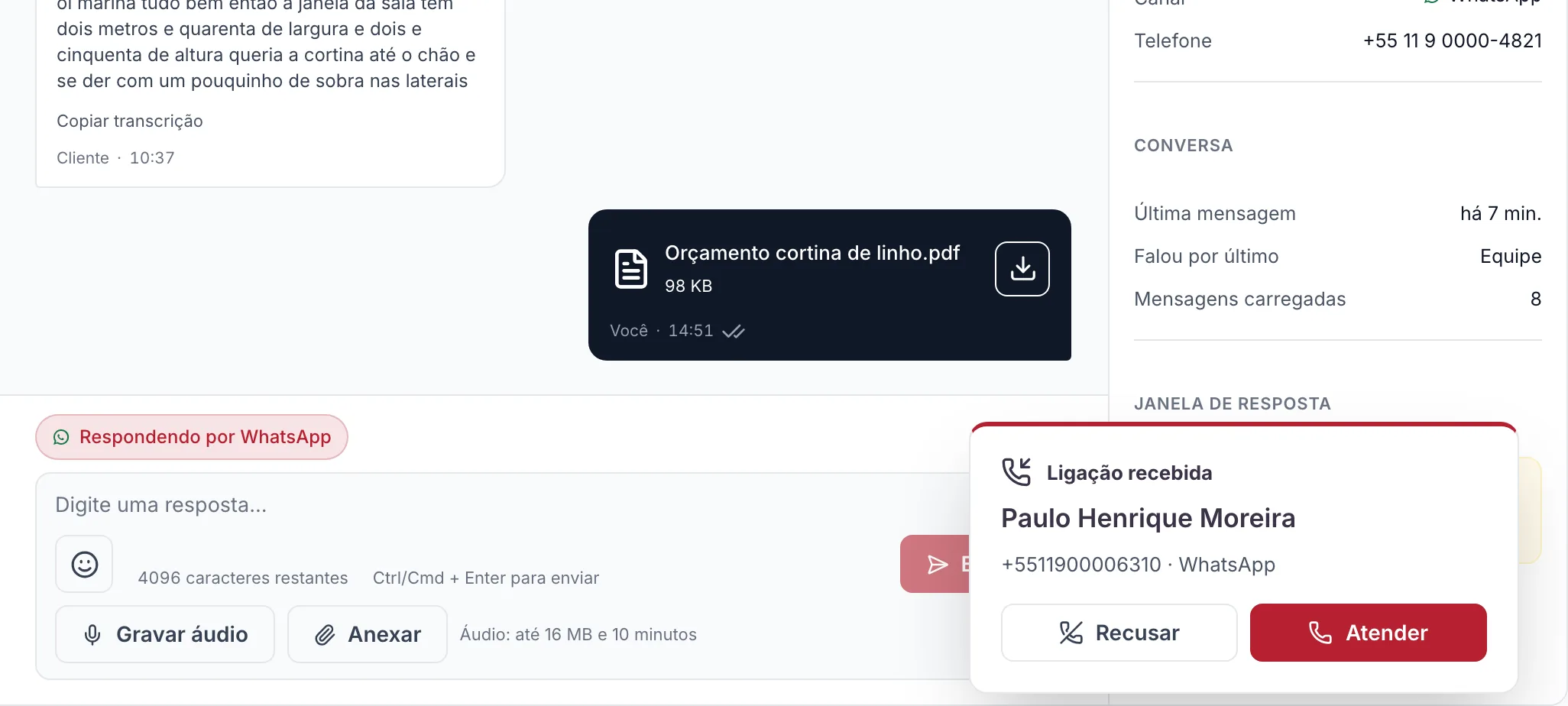 Aviso de ligação recebida pelo WhatsApp de Paulo Henrique Moreira, com os botões Recusar e Atender, no Channels.
