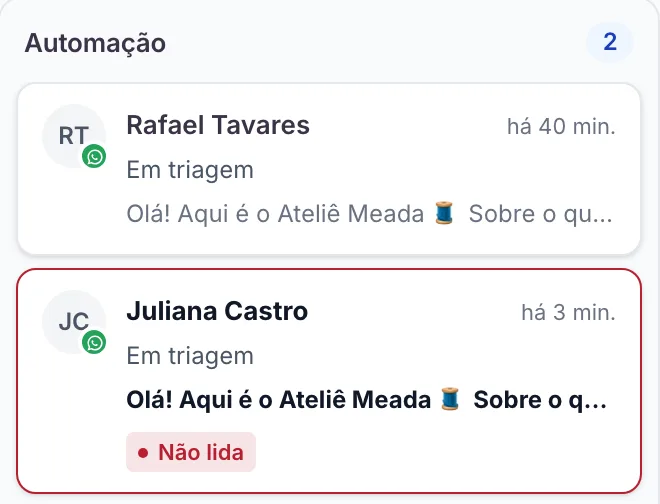 Coluna Automação do quadro de supervisão, com duas conversas em triagem pelo fluxo de atendimento.