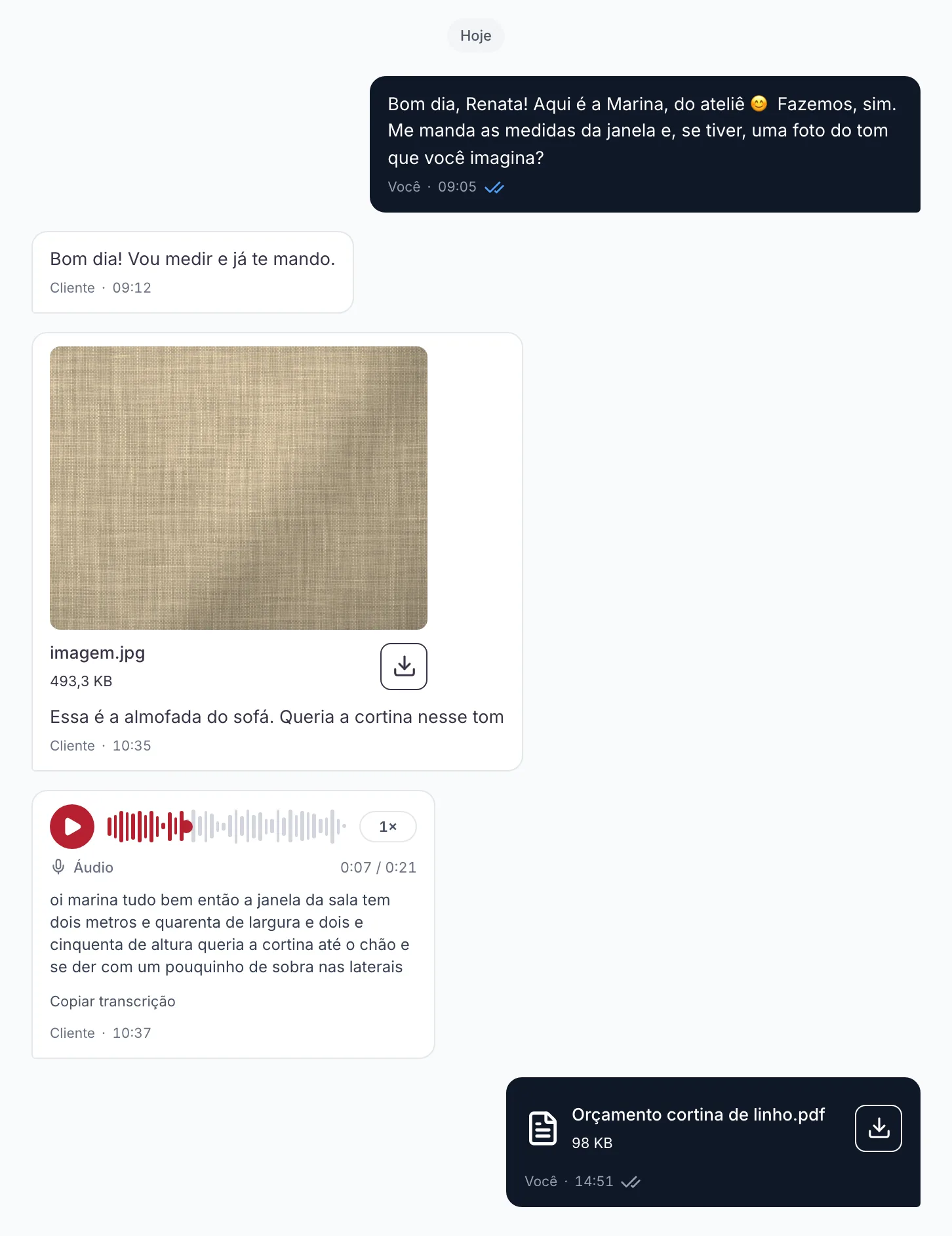 Conversa de WhatsApp com a saudação da loja, a resposta da cliente e a foto de uma amostra de linho que ela mandou.