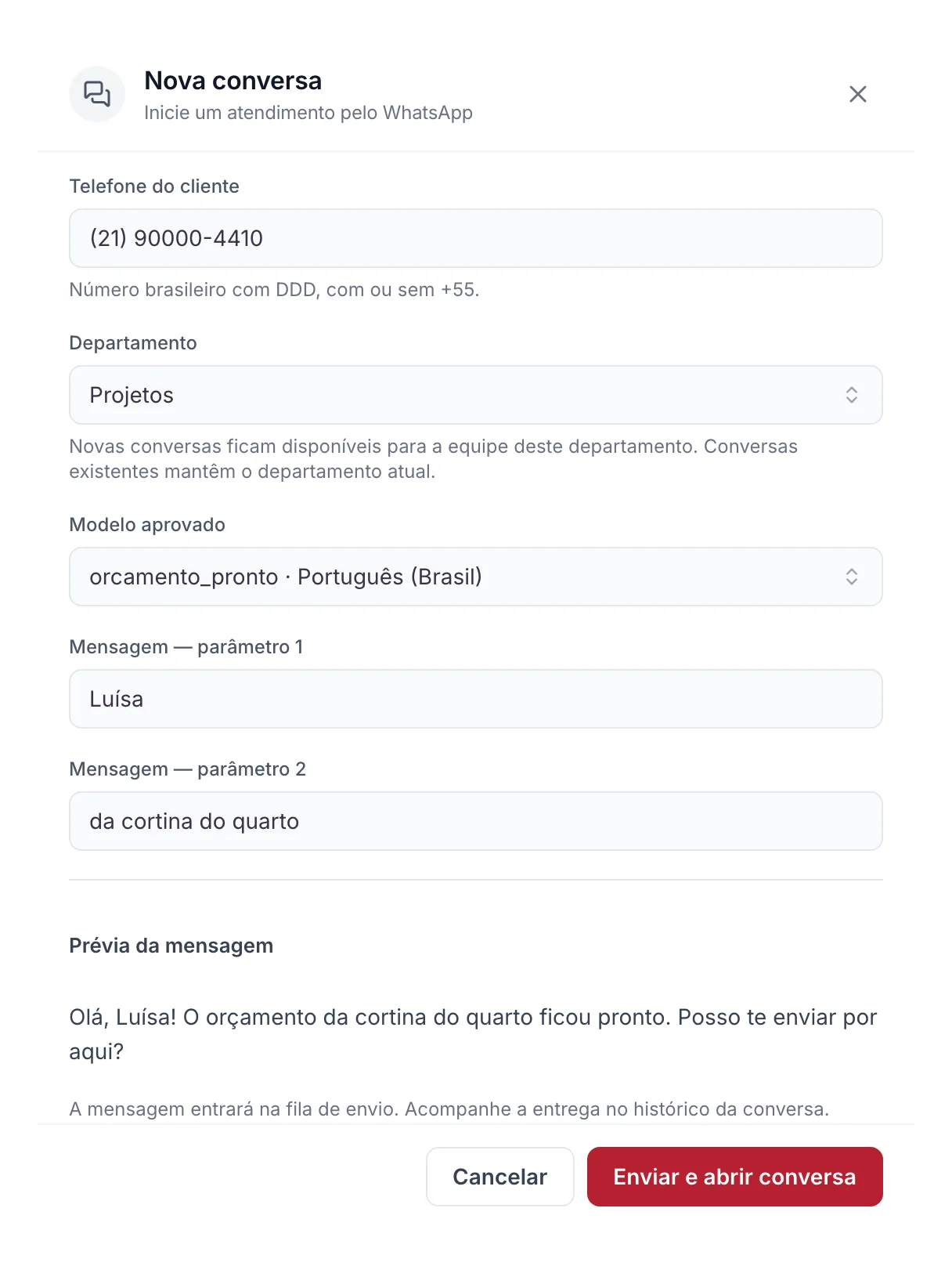 Janela de nova conversa do Channels com a lista de modelos aprovados e a escolha do departamento.